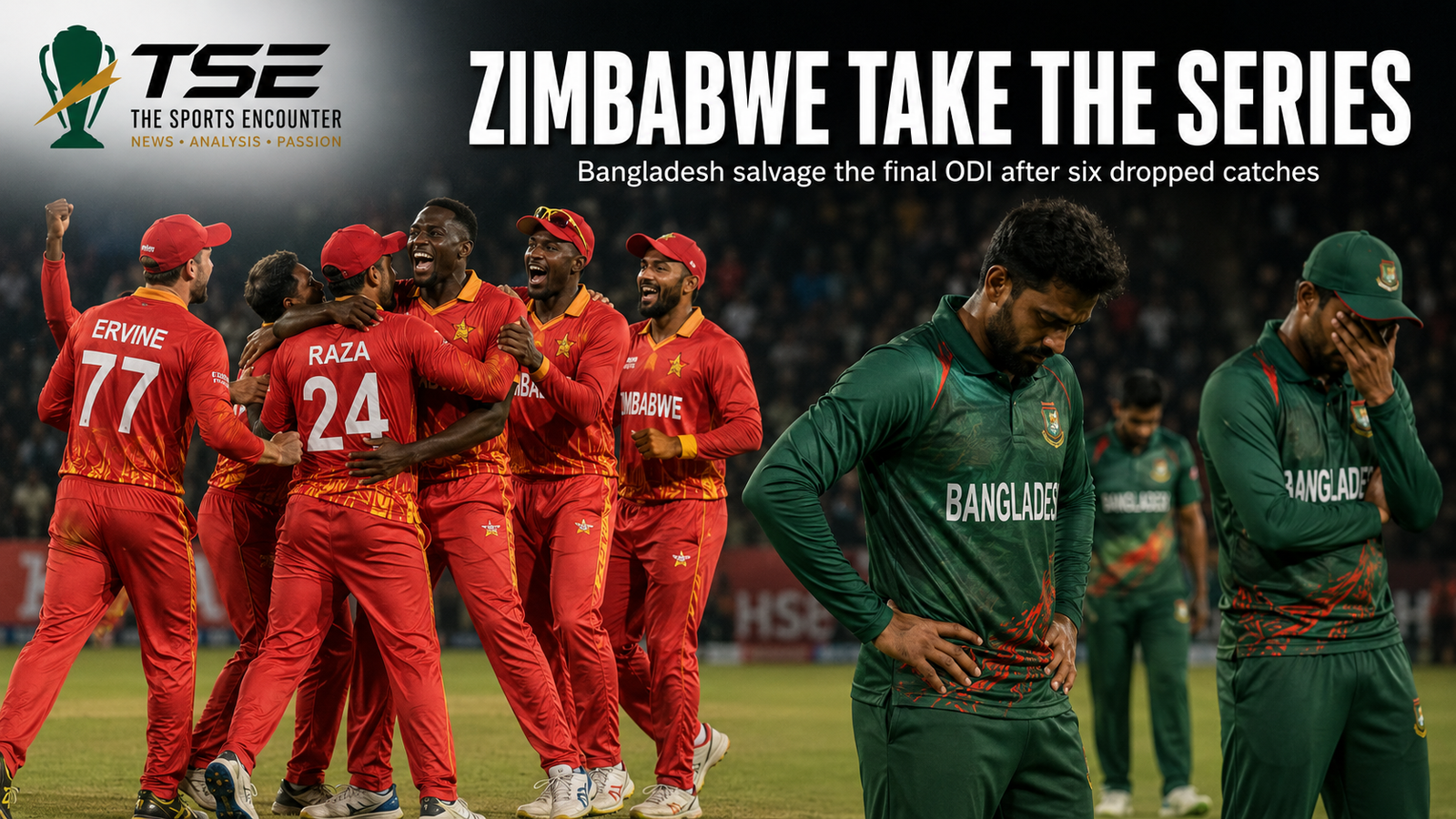 Zimbabwe players celebrate their 2-1 ODI series victory while disappointed Bangladesh players reflect on missed opportunities in Harare.