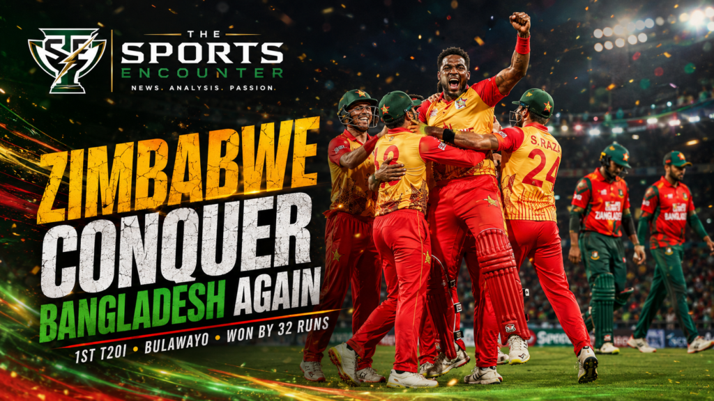 Zimbabwe players in red-and-gold kits celebrate their 32-run T20I win over Bangladesh under stadium lights, with The Sports Encounter logo and bold victory headline.