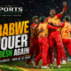 Zimbabwe players in red-and-gold kits celebrate their 32-run T20I win over Bangladesh under stadium lights, with The Sports Encounter logo and bold victory headline.
