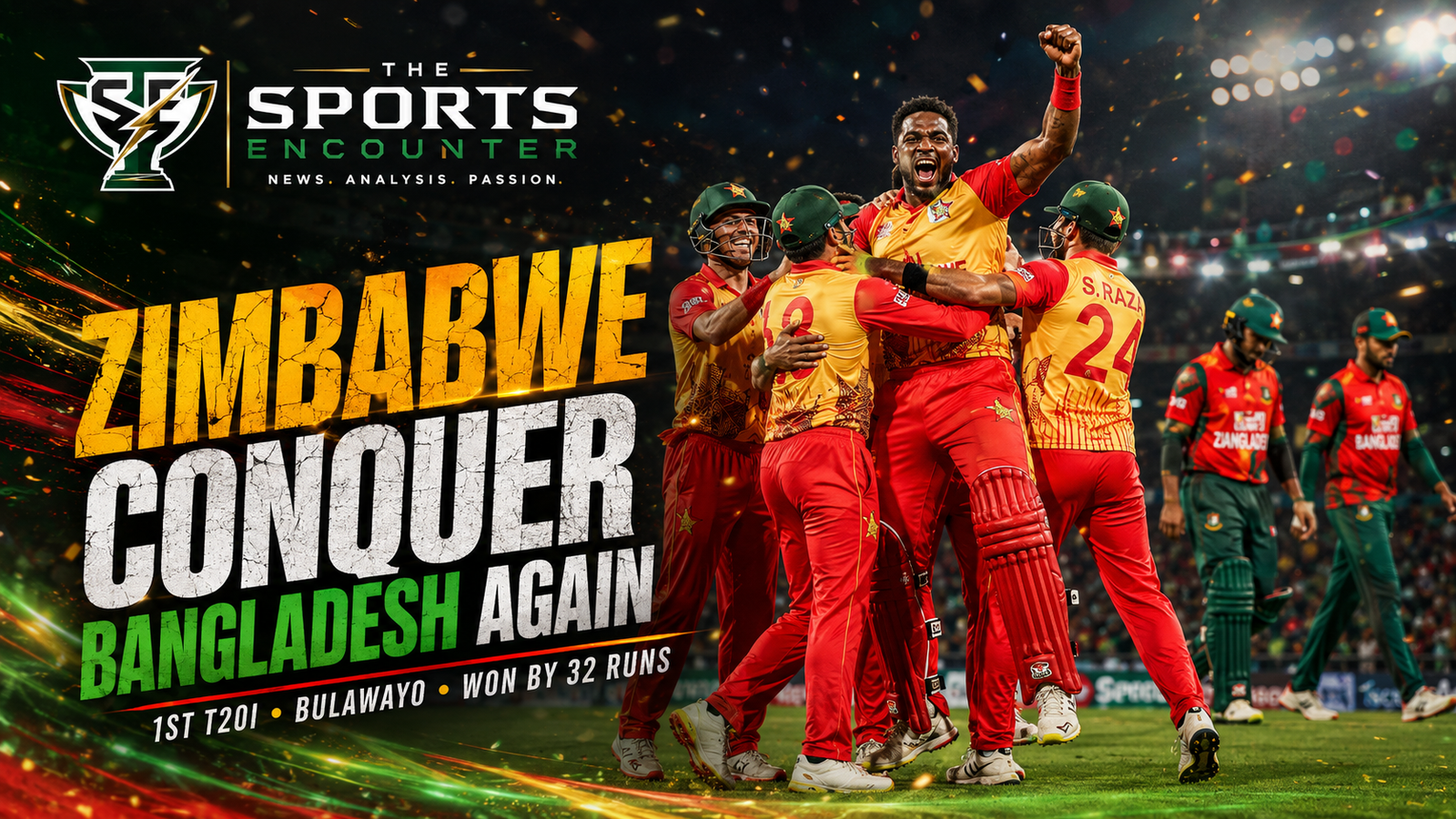 Zimbabwe players in red-and-gold kits celebrate their 32-run T20I win over Bangladesh under stadium lights, with The Sports Encounter logo and bold victory headline.