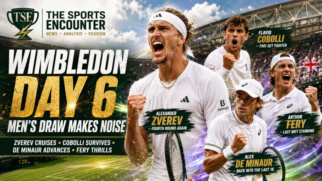 Alexander Zverev celebrates at Wimbledon 2026 alongside Flavio Cobolli, Alex de Minaur, and Arthur Fery in a VFX-style Day 6 men’s highlights graphic.