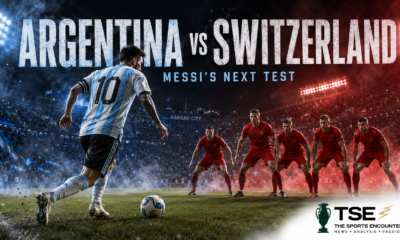 Argentina’s No. 10 advances with the ball as five Switzerland defenders form a red wall during their World Cup 2026 quarterfinal in Kansas City.