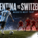 Argentina’s No. 10 advances with the ball as five Switzerland defenders form a red wall during their World Cup 2026 quarterfinal in Kansas City.