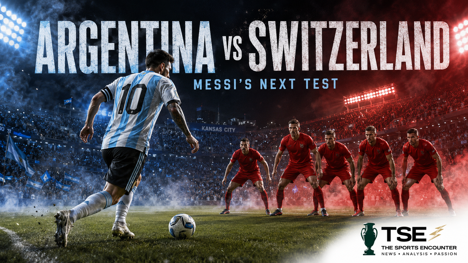 Argentina’s No. 10 advances with the ball as five Switzerland defenders form a red wall during their World Cup 2026 quarterfinal in Kansas City.