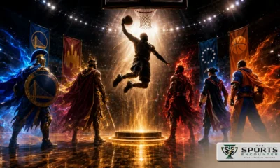 A dramatic VFX-style basketball scene showing a veteran superstar silhouette airborne for a slam dunk while five symbolic team characters wait below, representing LeBron James’ possible NBA 2026-27 destinations, with The Sports Encounter logo in the corner.