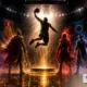 A dramatic VFX-style basketball scene showing a veteran superstar silhouette airborne for a slam dunk while five symbolic team characters wait below, representing LeBron James’ possible NBA 2026-27 destinations, with The Sports Encounter logo in the corner.