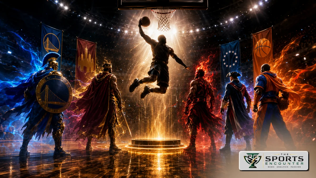 A dramatic VFX-style basketball scene showing a veteran superstar silhouette airborne for a slam dunk while five symbolic team characters wait below, representing LeBron James’ possible NBA 2026-27 destinations, with The Sports Encounter logo in the corner.