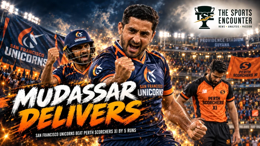 Hammad Azam batting for San Francisco Unicorns against Perth Scorchers during the Global Super League 2026 at Providence Stadium.