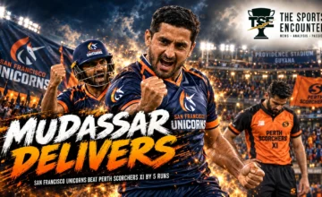 Hammad Azam batting for San Francisco Unicorns against Perth Scorchers during the Global Super League 2026 at Providence Stadium.