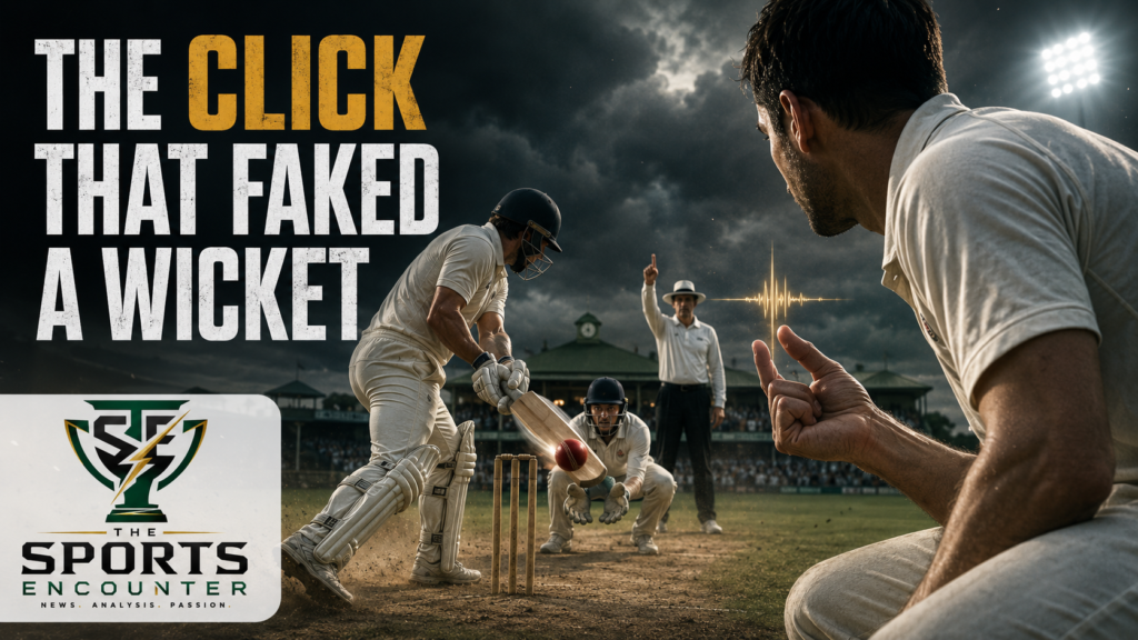 Anonymous amateur cricketer in a white kit clicking his fingers near the bat to allegedly fake an edge, with the headline “The Click That Faked a Wicket” and The Sports Encounter logo.