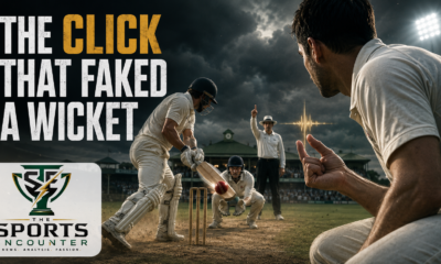 Anonymous amateur cricketer in a white kit clicking his fingers near the bat to allegedly fake an edge, with the headline “The Click That Faked a Wicket” and The Sports Encounter logo.