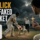 Anonymous amateur cricketer in a white kit clicking his fingers near the bat to allegedly fake an edge, with the headline “The Click That Faked a Wicket” and The Sports Encounter logo.
