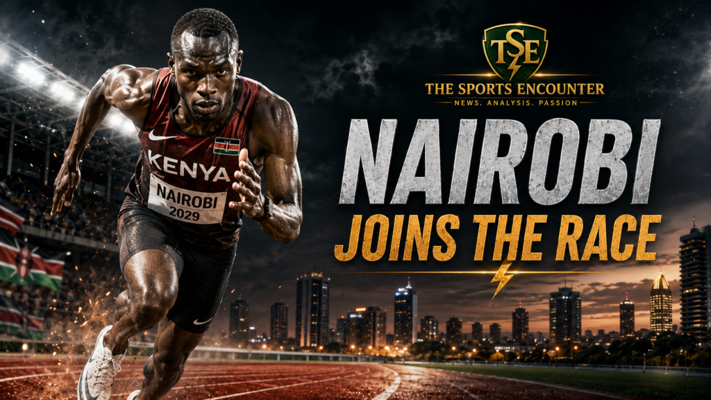 An elite Kenyan runner powers down the track against the Nairobi skyline, illustrating the Kenyan capital’s bid to host the 2029 World Athletics Championships and become Africa’s first host city.