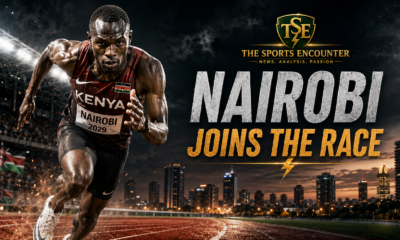An elite Kenyan runner powers down the track against the Nairobi skyline, illustrating the Kenyan capital’s bid to host the 2029 World Athletics Championships and become Africa’s first host city.
