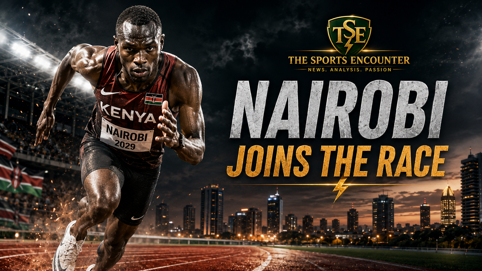 An elite Kenyan runner powers down the track against the Nairobi skyline, illustrating the Kenyan capital’s bid to host the 2029 World Athletics Championships and become Africa’s first host city.