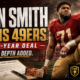 Cinematic NFL graphic showing Kion Smith in a generic red-and-gold No. 71 uniform at a floodlit training field, with a signed one-year contract, football equipment, the headline “Kion Smith Joins 49ers,” and The Sports Encounter logo.