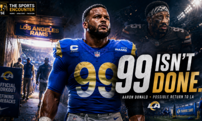 Aaron Donald wears No. 99 in a dramatic Rams tunnel scene as the headline “99 Isn’t Done” signals his possible NFL comeback, with Myles Garrett and training camp imagery in the background.