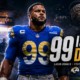 Aaron Donald wears No. 99 in a dramatic Rams tunnel scene as the headline “99 Isn’t Done” signals his possible NFL comeback, with Myles Garrett and training camp imagery in the background.