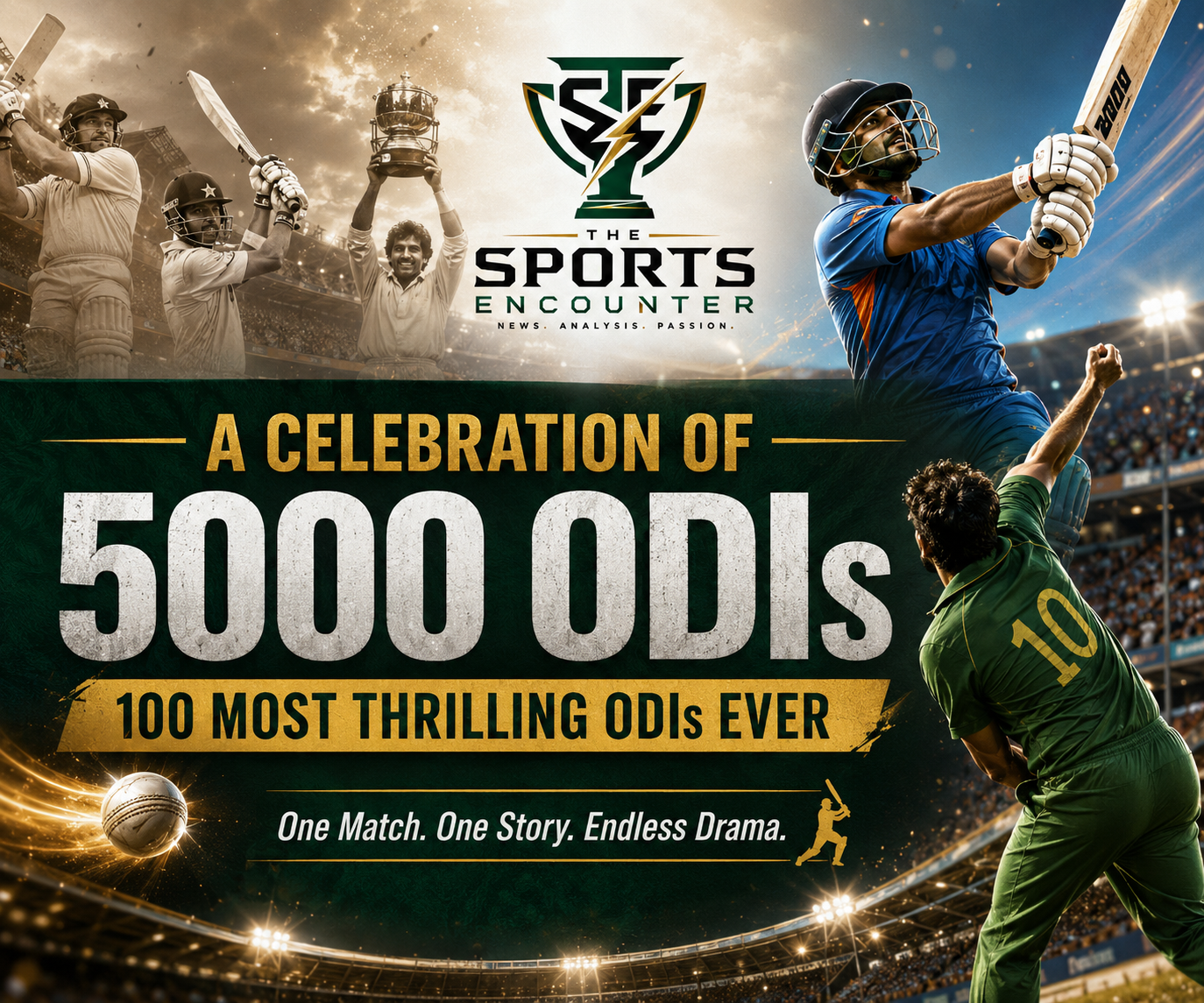 A Celebration of 5000 ODIs graphic featuring classic and modern cricket action, celebrating The Sports Encounter’s series on the 100 most thrilling One Day Internationals ever played