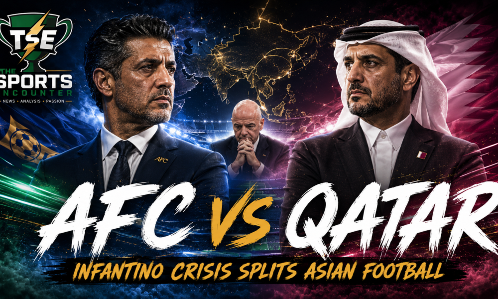 AFC President Sheikh Salman and Qatar football officials depicted in a dramatic split-screen graphic as the Gianni Infantino crisis deepens divisions inside Asian football.