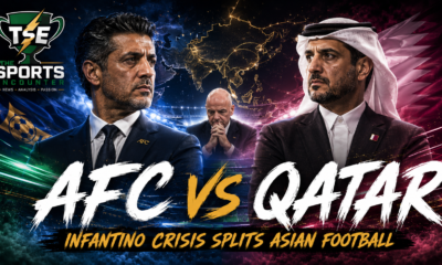 AFC President Sheikh Salman and Qatar football officials depicted in a dramatic split-screen graphic as the Gianni Infantino crisis deepens divisions inside Asian football.