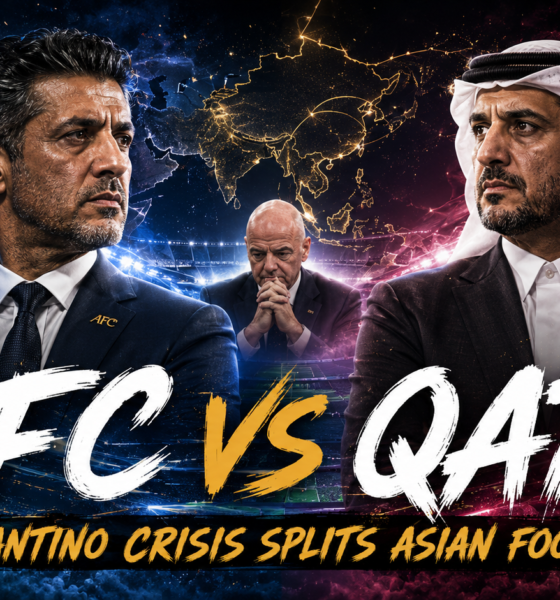 AFC President Sheikh Salman and Qatar football officials depicted in a dramatic split-screen graphic as the Gianni Infantino crisis deepens divisions inside Asian football.