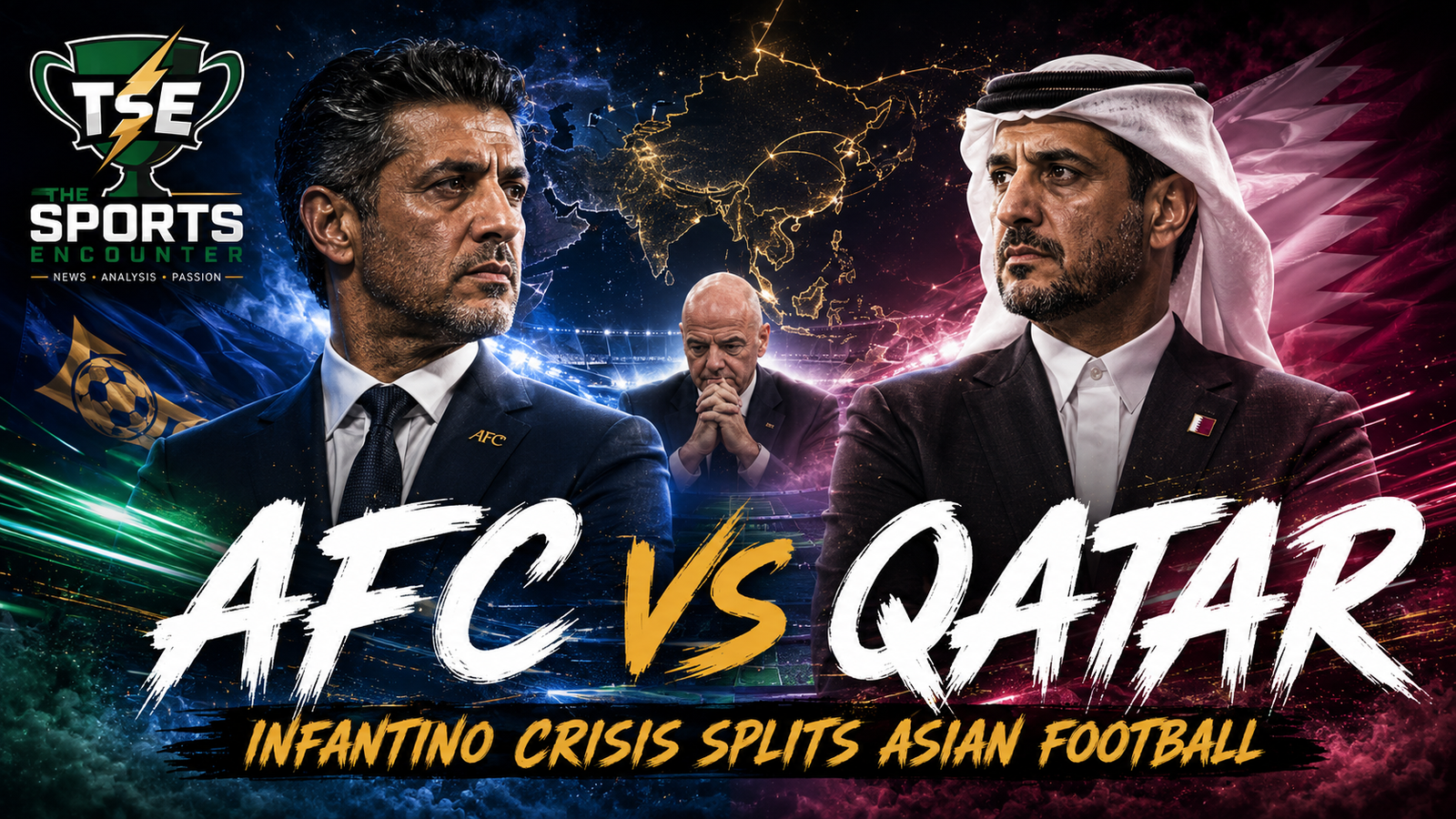 AFC President Sheikh Salman and Qatar football officials depicted in a dramatic split-screen graphic as the Gianni Infantino crisis deepens divisions inside Asian football.