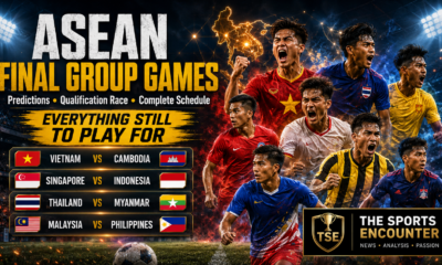 Cinematic ASEAN Championship 2026 final group games graphic featuring stylized footballers from Vietnam, Singapore, Indonesia, Thailand, Myanmar, Malaysia, the Philippines, and Cambodia, with the four decisive fixtures, qualification-race theme, Southeast Asia map, and The Sports Encounter logo.