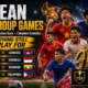 Cinematic ASEAN Championship 2026 final group games graphic featuring stylized footballers from Vietnam, Singapore, Indonesia, Thailand, Myanmar, Malaysia, the Philippines, and Cambodia, with the four decisive fixtures, qualification-race theme, Southeast Asia map, and The Sports Encounter logo.