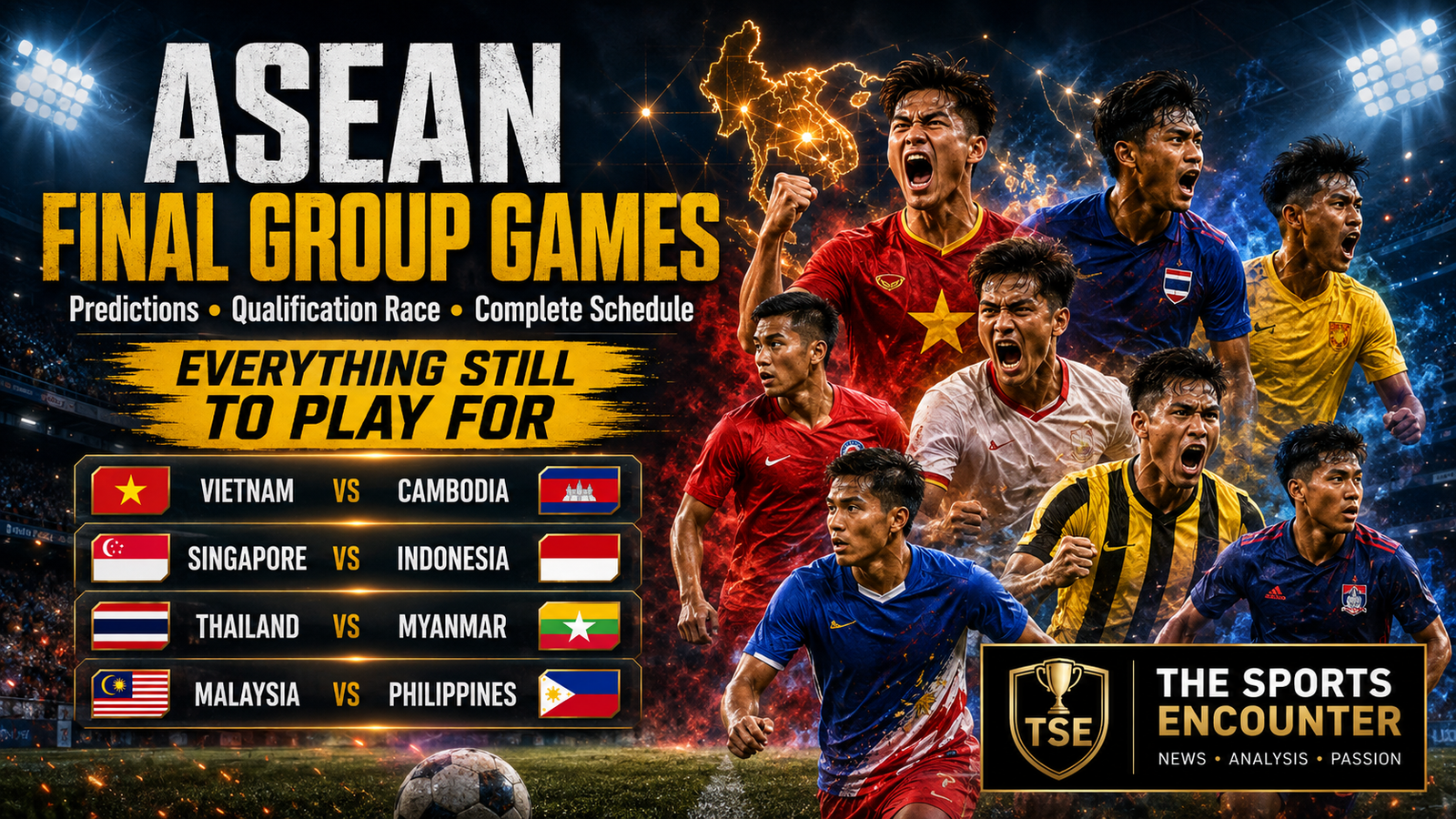 Cinematic ASEAN Championship 2026 final group games graphic featuring stylized footballers from Vietnam, Singapore, Indonesia, Thailand, Myanmar, Malaysia, the Philippines, and Cambodia, with the four decisive fixtures, qualification-race theme, Southeast Asia map, and The Sports Encounter logo.