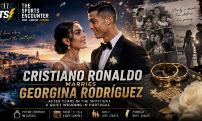 Cristiano Ronaldo and Georgina Rodríguez pictured in a cinematic wedding-themed graphic set against the Portuguese coast, highlighting their private August 2026 ceremony in Cascais, family journey, wedding rings, and The Sports Encounter logo.