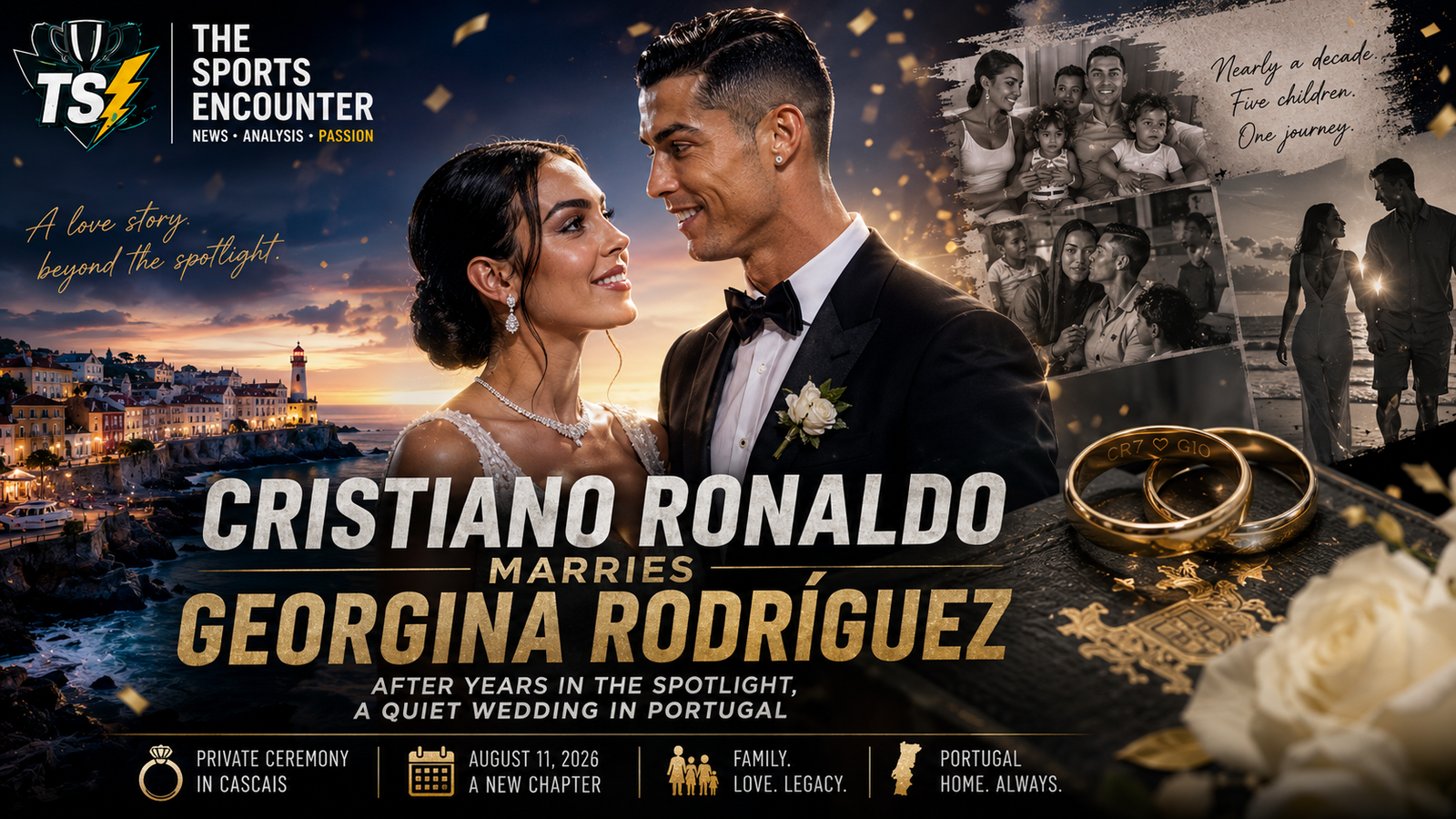Cristiano Ronaldo and Georgina Rodríguez pictured in a cinematic wedding-themed graphic set against the Portuguese coast, highlighting their private August 2026 ceremony in Cascais, family journey, wedding rings, and The Sports Encounter logo.