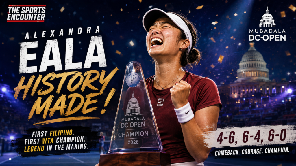 Alexandra Eala lifts the Mubadala DC Open trophy after defeating Jessica Pegula 4-6, 6-4, 6-0, with confetti, a Washington backdrop, and the punchline “First Filipino. First WTA Champion.”