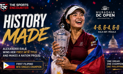 Alexandra Eala celebrates her first WTA title with the Mubadala DC Open trophy under stadium lights, with Philippine colors and the punchline “History Made.”