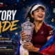 Alexandra Eala celebrates her first WTA title with the Mubadala DC Open trophy under stadium lights, with Philippine colors and the punchline “History Made.”