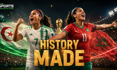 Algeria and Morocco women’s players celebrate historic qualification for the FIFA Women’s World Cup 2027, with national flags, stadium lights, and a “History Made” headline.