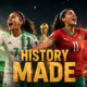 Algeria and Morocco women’s players celebrate historic qualification for the FIFA Women’s World Cup 2027, with national flags, stadium lights, and a “History Made” headline.