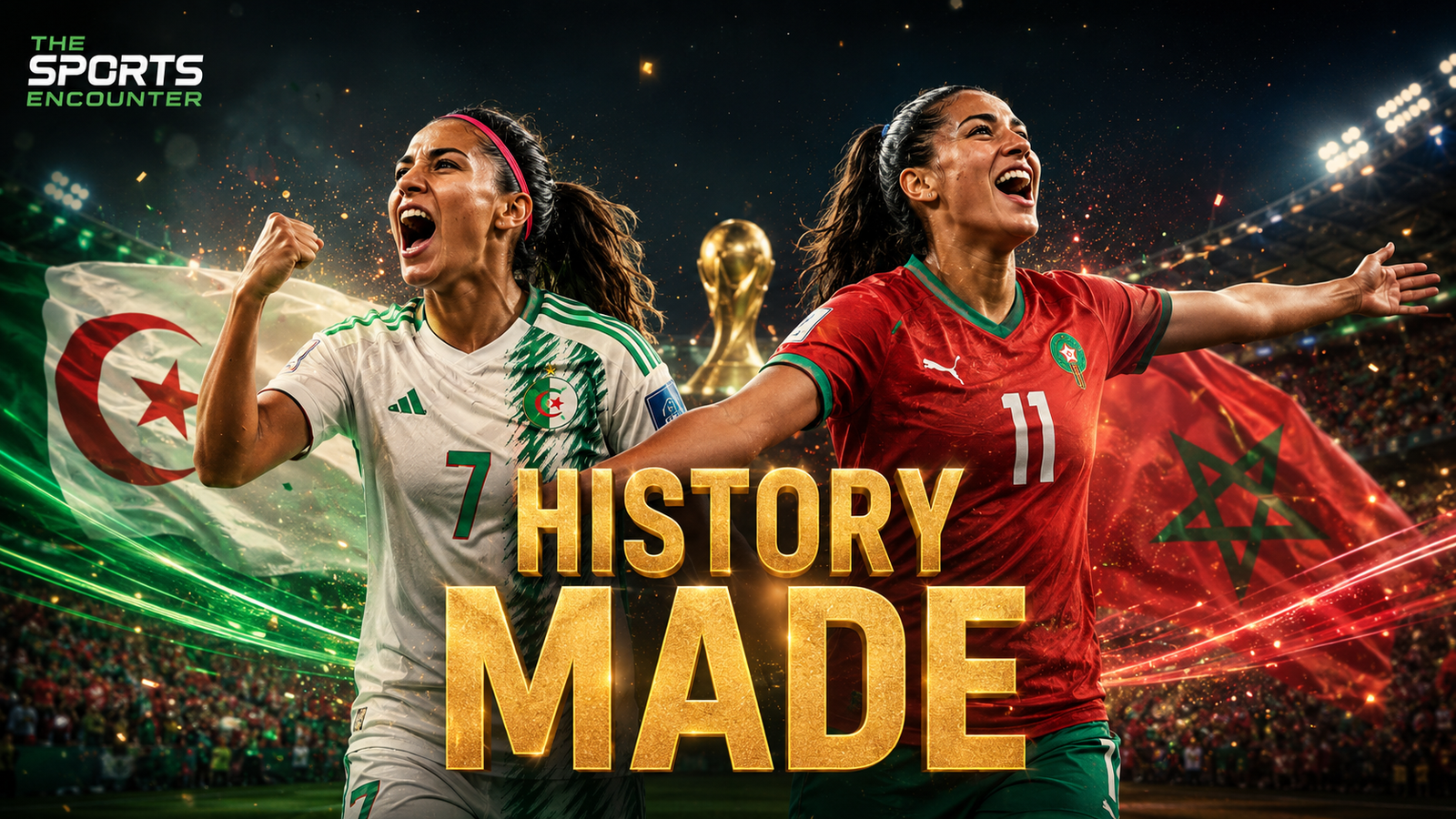 Algeria and Morocco women’s players celebrate historic qualification for the FIFA Women’s World Cup 2027, with national flags, stadium lights, and a “History Made” headline.