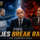 Gianni Infantino stands isolated at a FIFA podium as Arsène Wenger, Mattias Grafstrom, Prince Ali and divided football officials surround him, with fractured blue-and-red VFX imagery, The Sports Encounter logo, and the headline “Allies Break Ranks.”