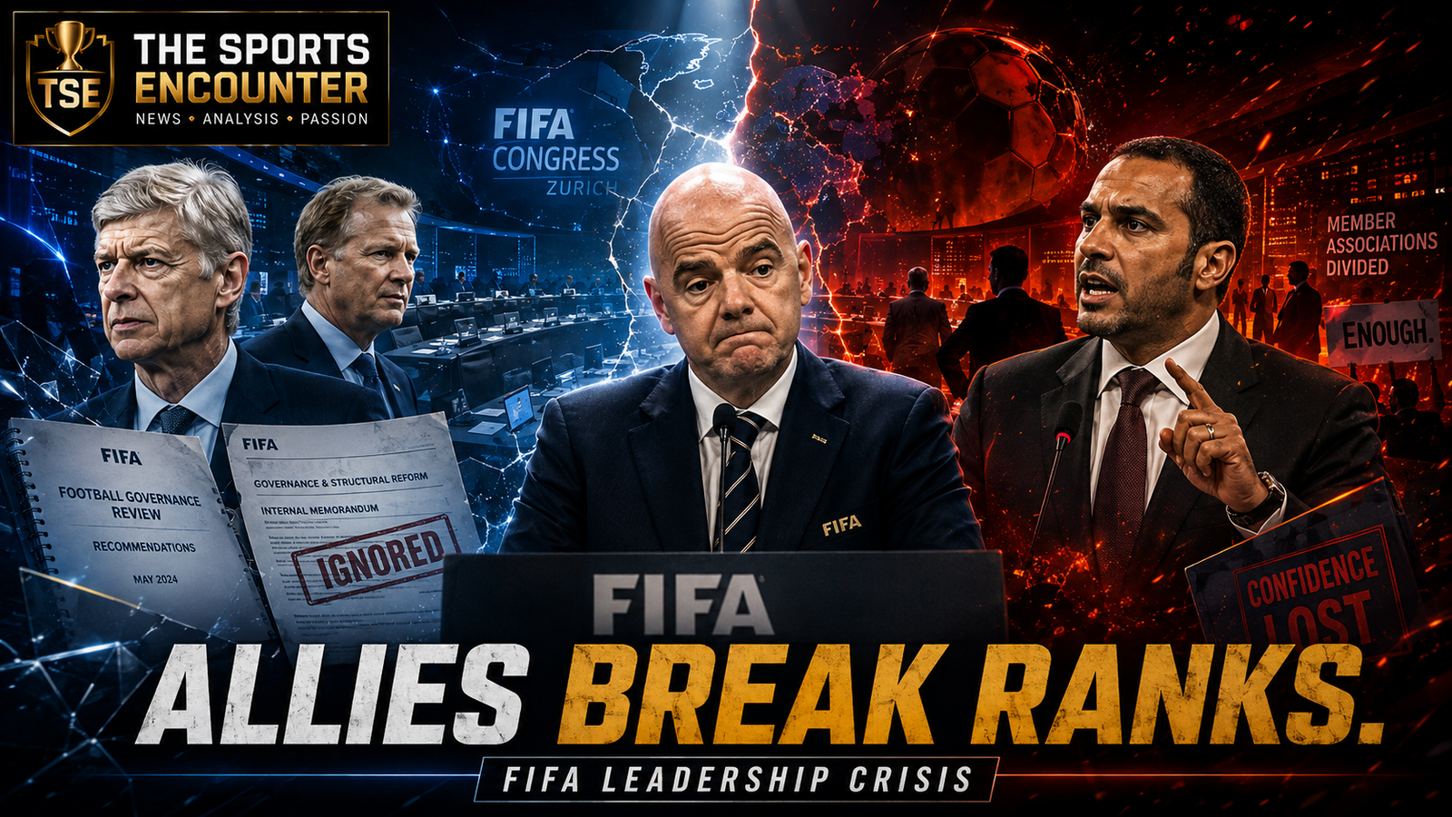 Gianni Infantino stands isolated at a FIFA podium as Arsène Wenger, Mattias Grafstrom, Prince Ali and divided football officials surround him, with fractured blue-and-red VFX imagery, The Sports Encounter logo, and the headline “Allies Break Ranks.”