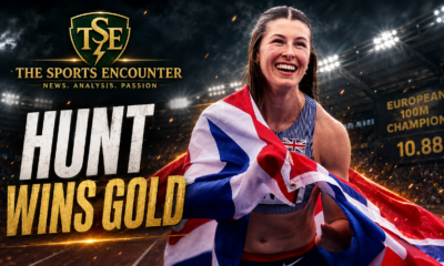 Amy Hunt celebrates her European women’s 100m gold medal in Birmingham while draped in the British flag, with a dramatic stadium backdrop and “Hunt Wins Gold” headline.