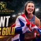 Amy Hunt celebrates her European women’s 100m gold medal in Birmingham while draped in the British flag, with a dramatic stadium backdrop and “Hunt Wins Gold” headline.