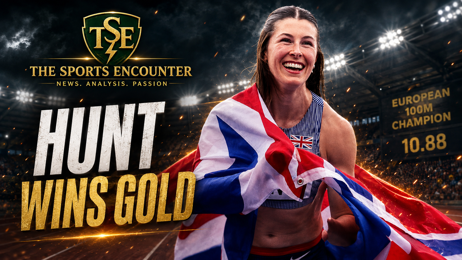 Amy Hunt celebrates her European women’s 100m gold medal in Birmingham while draped in the British flag, with a dramatic stadium backdrop and “Hunt Wins Gold” headline.