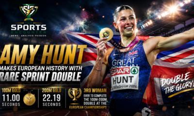 Amy Hunt celebrates with her gold medal and Great Britain flag after completing the 100m and 200m sprint double at the 2026 European Athletics Championships.
