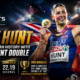 Amy Hunt celebrates with her gold medal and Great Britain flag after completing the 100m and 200m sprint double at the 2026 European Athletics Championships.