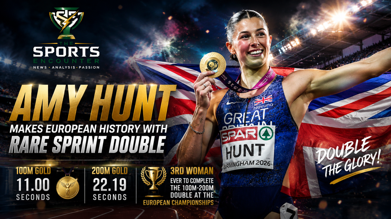 Amy Hunt celebrates with her gold medal and Great Britain flag after completing the 100m and 200m sprint double at the 2026 European Athletics Championships.