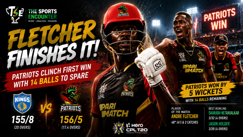 Andre Fletcher celebrates after guiding St Kitts and Nevis Patriots to a five-wicket win over St Lucia Kings in CPL 2026 Match 5.