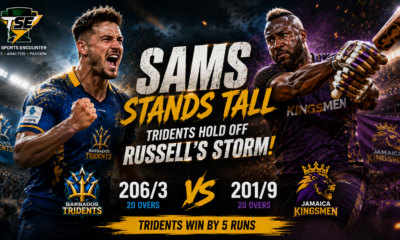 Daniel Sams and Andre Russell headline a cinematic CPL 2026 Match 4 graphic after Barbados Tridents survive Russell’s nine-six 68 to beat Jamaica Kingsmen by five runs at Sabina Park.