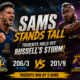 Daniel Sams and Andre Russell headline a cinematic CPL 2026 Match 4 graphic after Barbados Tridents survive Russell’s nine-six 68 to beat Jamaica Kingsmen by five runs at Sabina Park.
