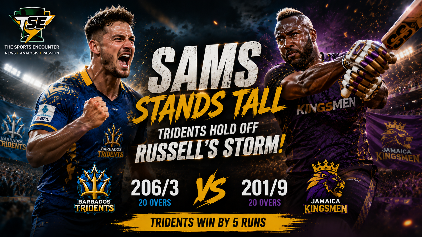Daniel Sams and Andre Russell headline a cinematic CPL 2026 Match 4 graphic after Barbados Tridents survive Russell’s nine-six 68 to beat Jamaica Kingsmen by five runs at Sabina Park.